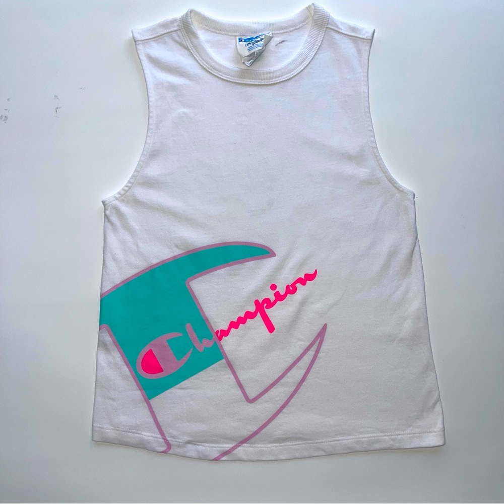 Champion Women's Tank Top Size XS White with Giant C Logo Pastel Colors Crop